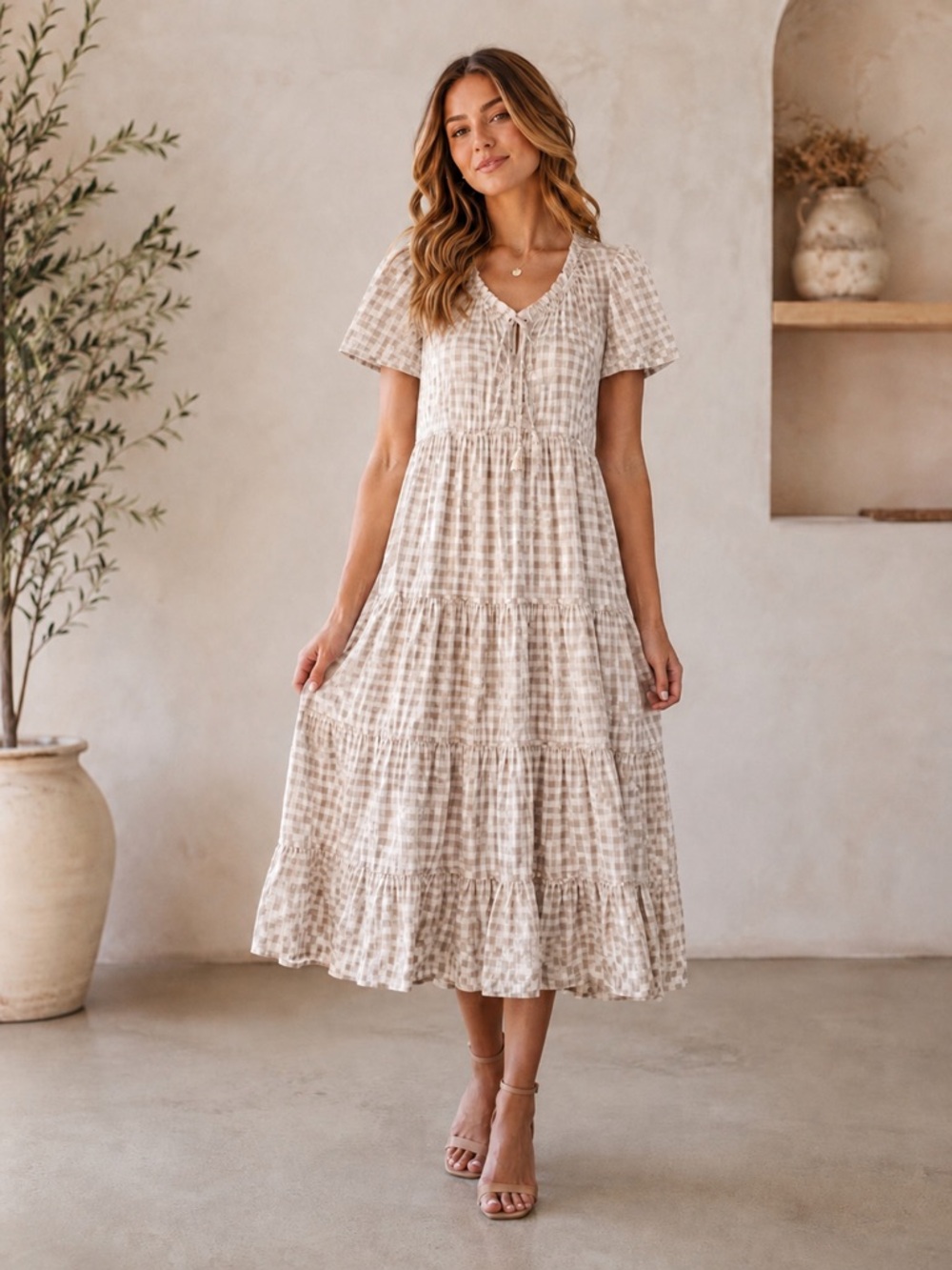 Brass & Roe CTS Beige Gingham Tiered Midi Dress Boho Cottagecore Size L